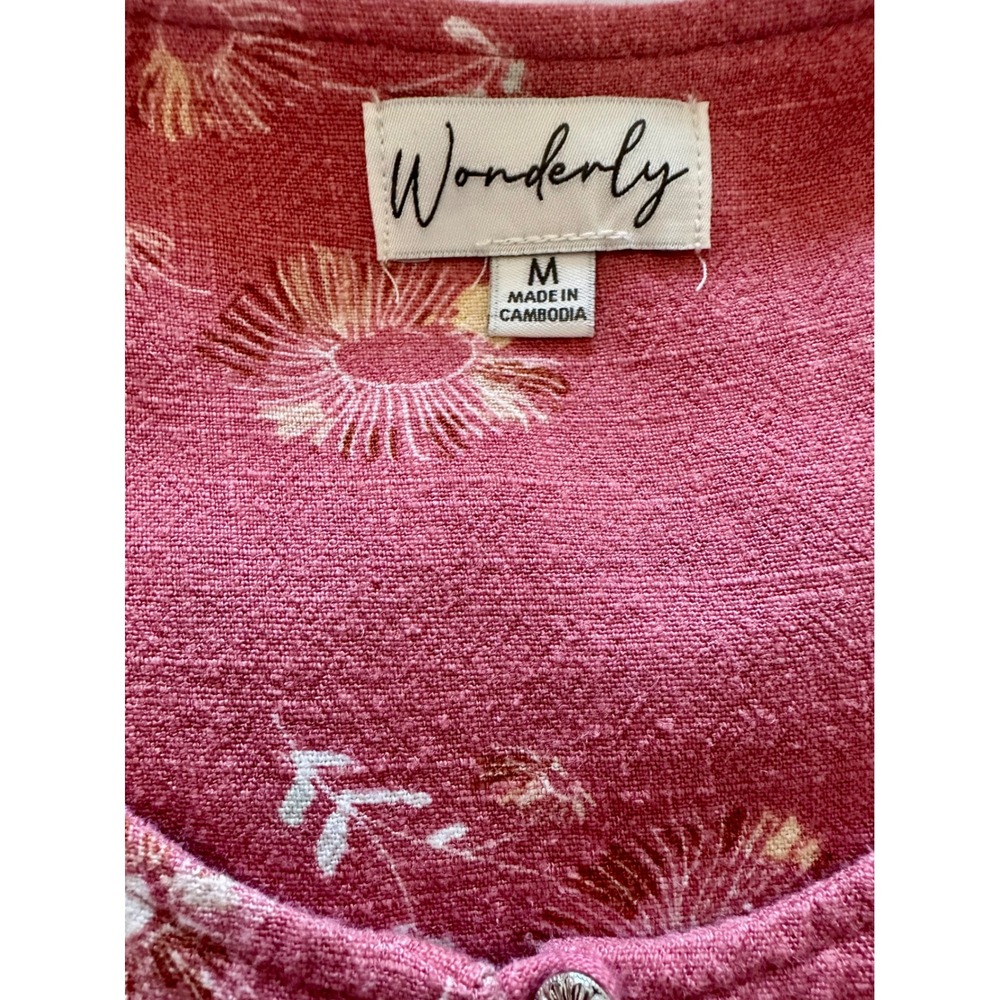 Wonderly Womens Coral Floral Linen Blend Puff Sleeve Button Front Blouse Medium - Picture 8 of 9
